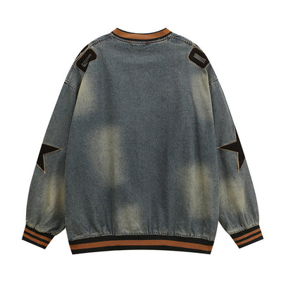 National Tide Five-pointed Star Letter Flocking Embroidered V-neck Denim Hoodie