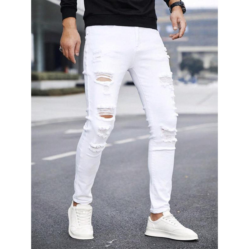 Men's Solid Color Cuffed Straight Jeans Casual And Comfortable Slim Fit