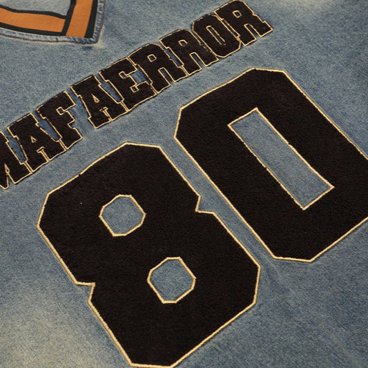 National Tide Five-pointed Star Letter Flocking Embroidered V-neck Denim Hoodie