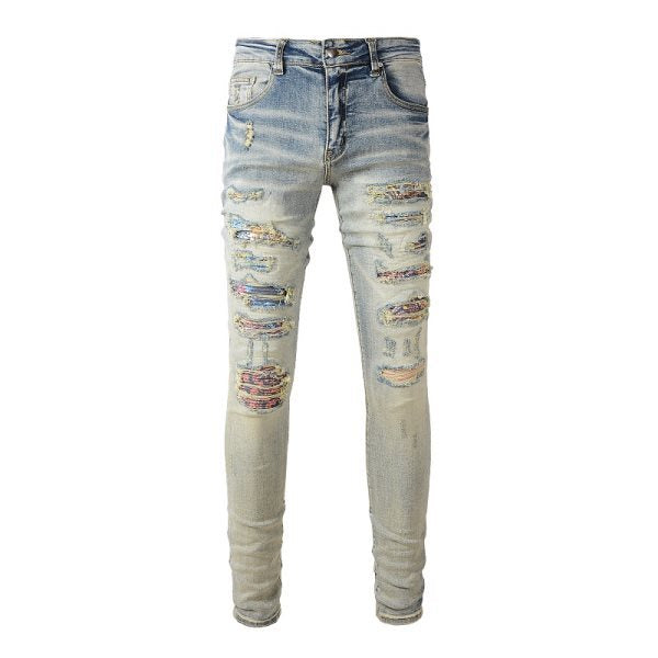 Meigao Street Vintage Crumpled Ripped Cat Beard Patch Printed Jeans Men