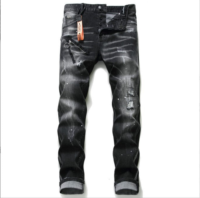 Black And Gray Paint Hole Zipper Decorations Personality Jeans Men