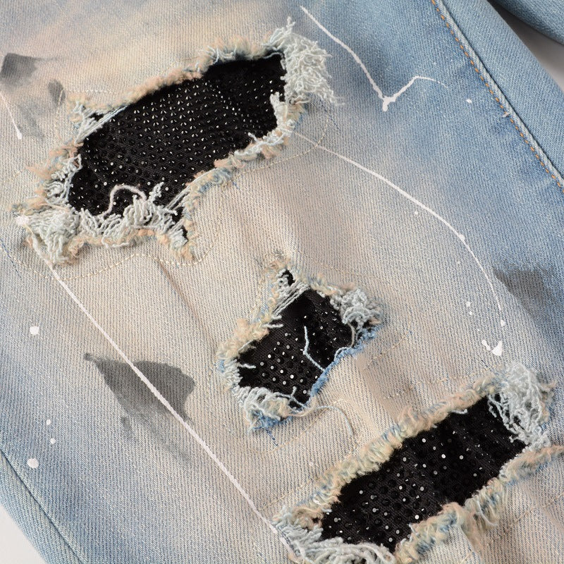 Rhinestone Patch Slim Fit Straight Ripped High Street Jeans