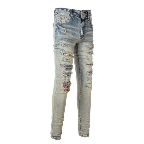 Meigao Street Vintage Crumpled Ripped Cat Beard Patch Printed Jeans Men