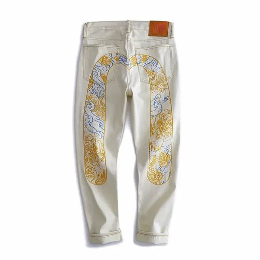 Male Cowboy Pants Beige Jeans for Men Graphic Trousers Embroidery Tapered Stacked Stylish Clothes Y2k 2000s Cotton Soft Designer