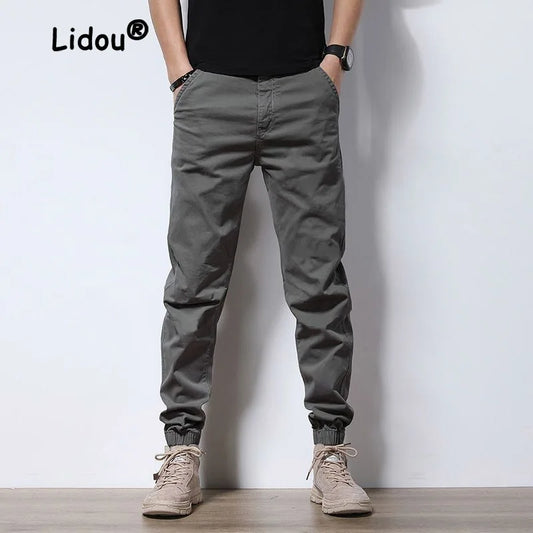Cotton Men's Pocket Cargo Pants Trendy High-end Summer Casual All-match Pants 2023 Korean Trend Tie One's Feet Loose Trousers