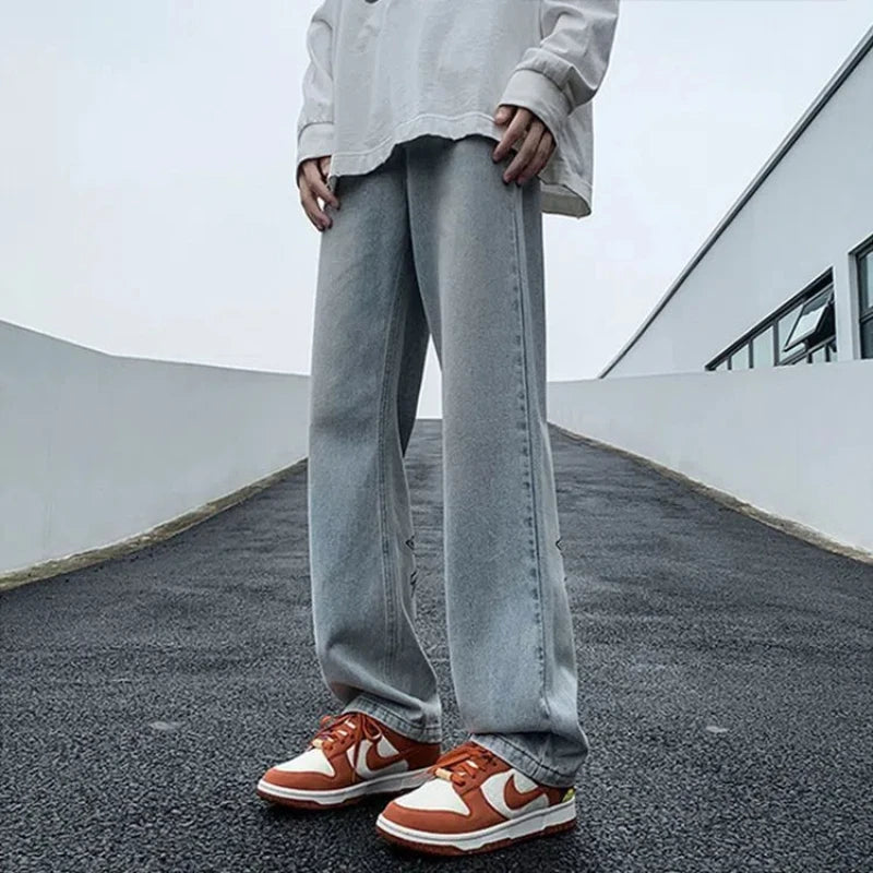 Korean Men's Spring and Autumn 2024 New Splicing Elasticized High-waisted Pocket Printed Fashion Loose Casual Straight Jeans