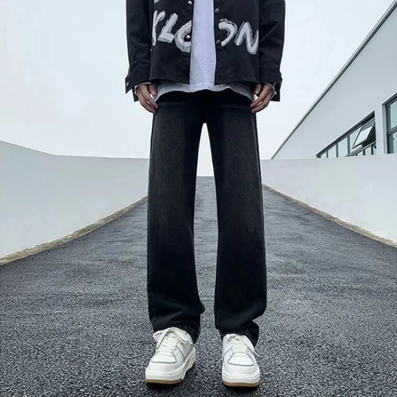 Korean Men's Spring and Autumn 2024 New Splicing Elasticized High-waisted Pocket Printed Fashion Loose Casual Straight Jeans