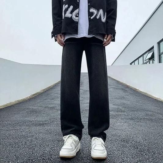 Korean Men's Spring and Autumn 2024 New Splicing Elasticized High-waisted Pocket Printed Fashion Loose Casual Straight Jeans