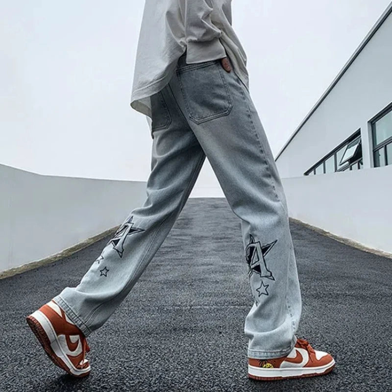 Korean Men's Spring and Autumn 2024 New Splicing Elasticized High-waisted Pocket Printed Fashion Loose Casual Straight Jeans