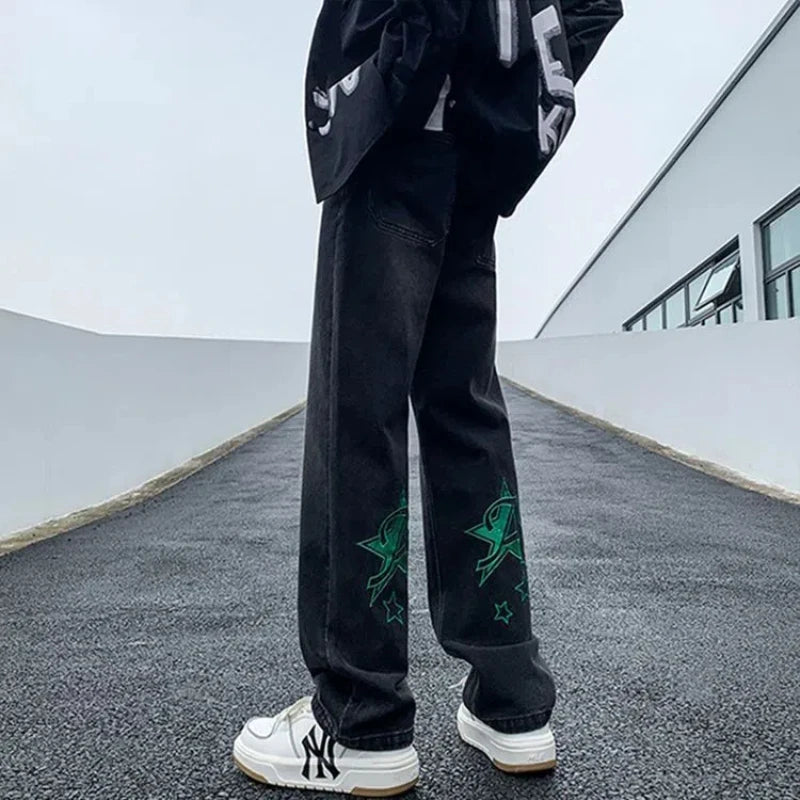 Korean Men's Spring and Autumn 2024 New Splicing Elasticized High-waisted Pocket Printed Fashion Loose Casual Straight Jeans
