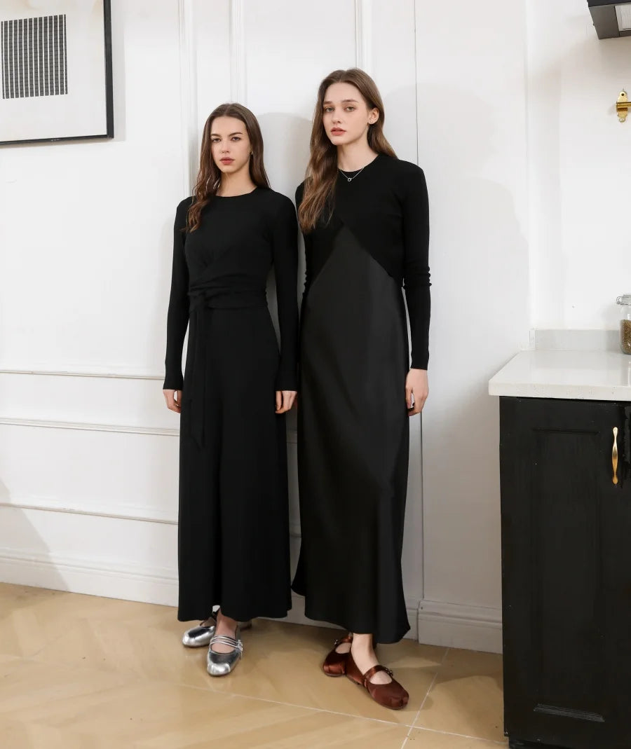 AS 2025 spring summer elegance satin dress + knitted top match set maxi floor length woman clothes