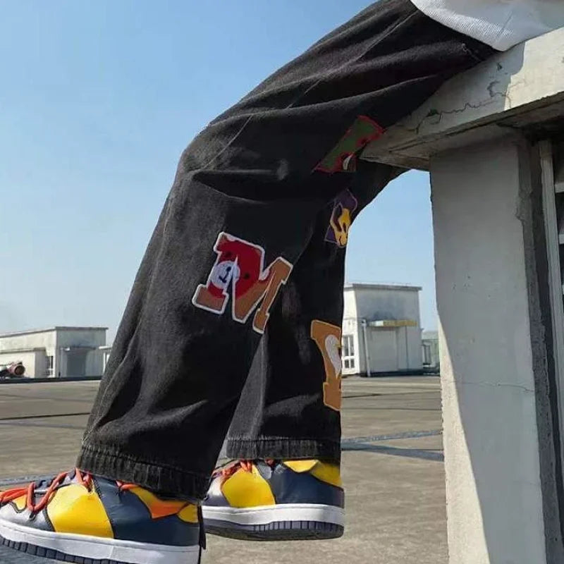 Trousers Straight Hip Hop Male Cowboy Pants with Print Jeans for Men Graphic Spring Autumn Retro Regular Stacked Y2k Streetwear