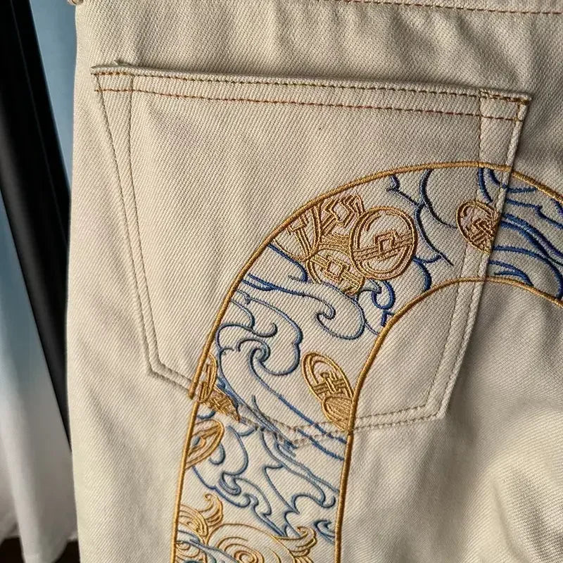 Male Cowboy Pants Beige Jeans for Men Graphic Trousers Embroidery Tapered Stacked Stylish Clothes Y2k 2000s Cotton Soft Designer