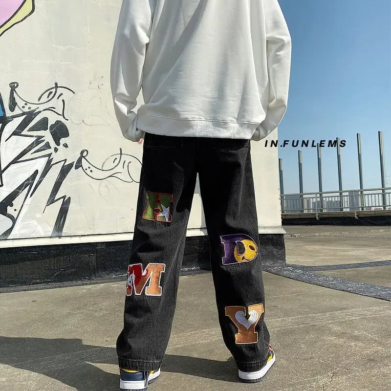 Trousers Straight Hip Hop Male Cowboy Pants with Print Jeans for Men Graphic Spring Autumn Retro Regular Stacked Y2k Streetwear