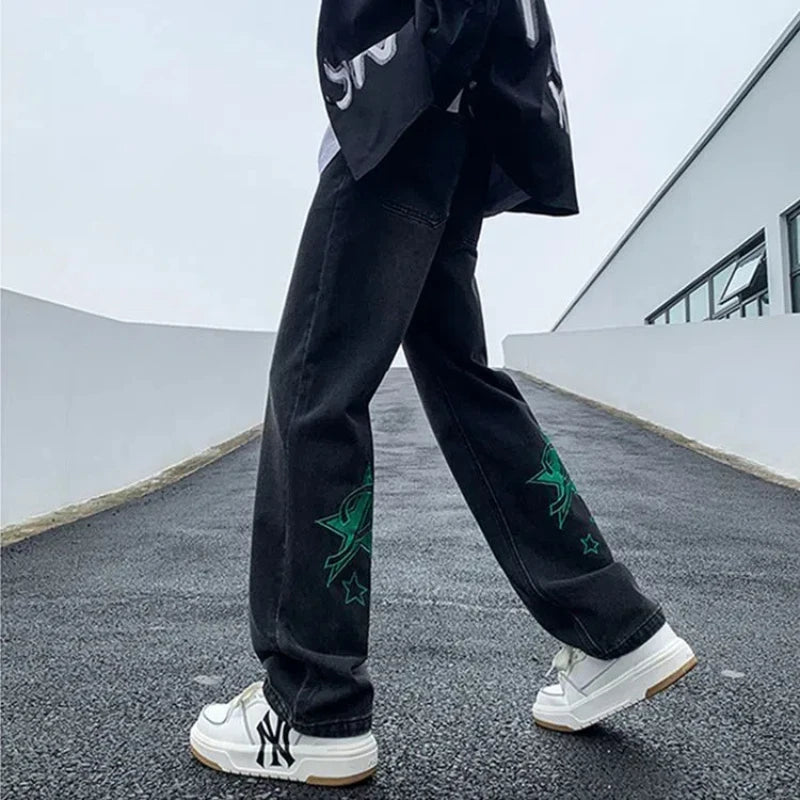 Korean Men's Spring and Autumn 2024 New Splicing Elasticized High-waisted Pocket Printed Fashion Loose Casual Straight Jeans