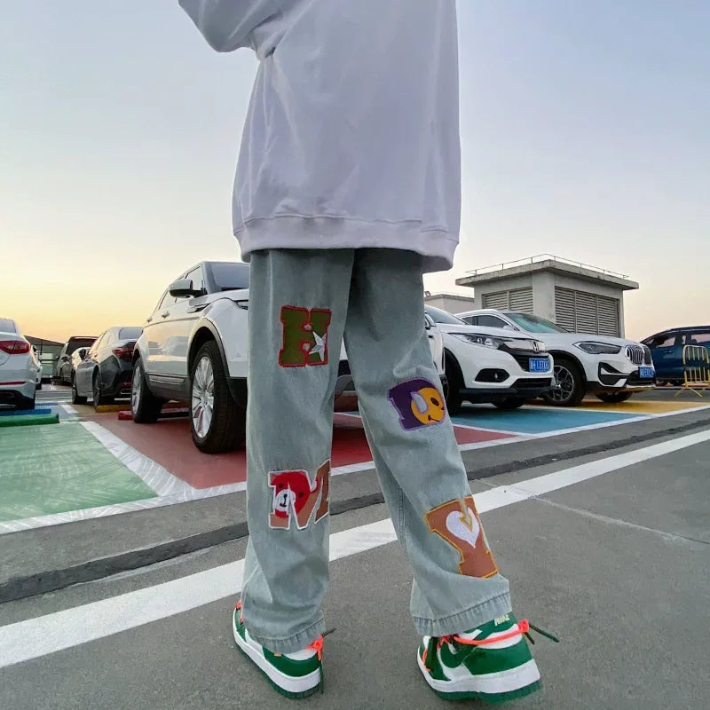 Trousers Straight Hip Hop Male Cowboy Pants with Print Jeans for Men Graphic Spring Autumn Retro Regular Stacked Y2k Streetwear
