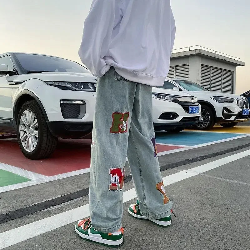 Trousers Straight Hip Hop Male Cowboy Pants with Print Jeans for Men Graphic Spring Autumn Retro Regular Stacked Y2k Streetwear