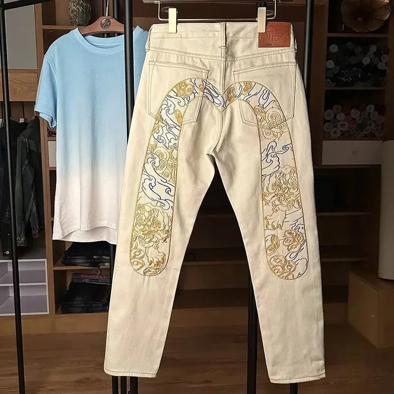 Male Cowboy Pants Beige Jeans for Men Graphic Trousers Embroidery Tapered Stacked Stylish Clothes Y2k 2000s Cotton Soft Designer