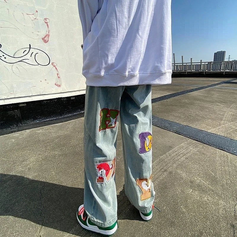 Trousers Straight Hip Hop Male Cowboy Pants with Print Jeans for Men Graphic Spring Autumn Retro Regular Stacked Y2k Streetwear