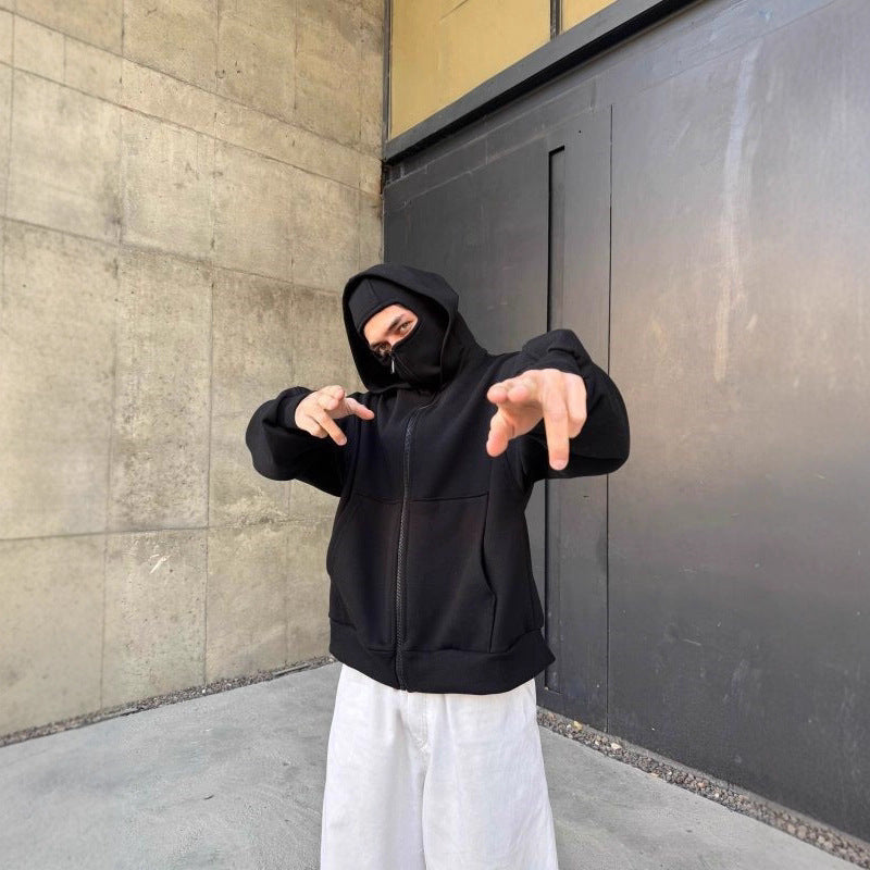 Double-layer Masked Hooded Loose Zip Men's Solid Color Hoodie