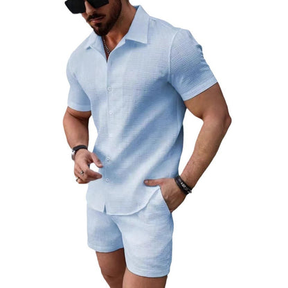 Leisure Breathable Beach Two Piece Suits Mens Summer Casual Short Sleeve Shirt And Shorts Men Outfits Vintage Textured Solid Set