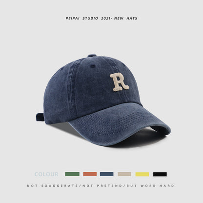 Washed Letter R Stick Ball Cap Casual Patch Sun Hat