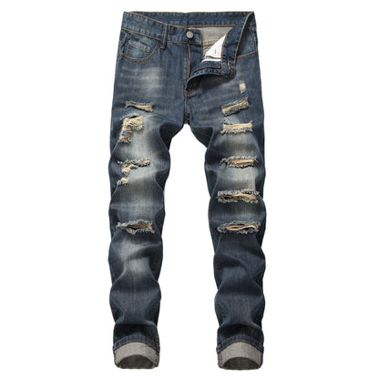 Men's Ripped Straight Slim Fit Non-stretch Jeans