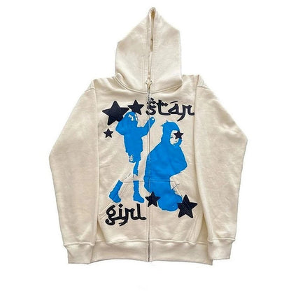 Street Hip Hop Star Print Black Zip Hoodie Sweatshirt Women